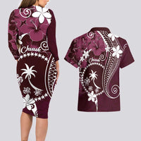 FSM Chuuk Couples Matching Long Sleeve Bodycon Dress and Hawaiian Shirt Turtle Tropical Flowers Polynesian - Pink LT14 - Polynesian Pride