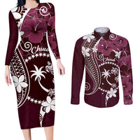 FSM Chuuk Couples Matching Long Sleeve Bodycon Dress and Long Sleeve Button Shirt Turtle Tropical Flowers Polynesian - Pink LT14 Pink - Polynesian Pride