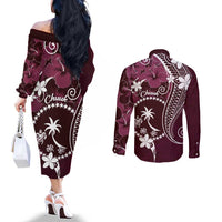 FSM Chuuk Couples Matching Off The Shoulder Long Sleeve Dress and Long Sleeve Button Shirt Turtle Tropical Flowers Polynesian - Pink LT14 - Polynesian Pride