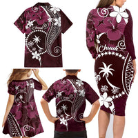FSM Chuuk Family Matching Long Sleeve Bodycon Dress and Hawaiian Shirt Turtle Tropical Flowers Polynesian - Pink LT14 - Polynesian Pride
