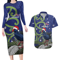 Personalized New Zealand Pukeko Christmas Couples Matching Long Sleeve Bodycon Dress and Hawaiian Shirt Meri Kirihimete Taniko Ponga Koru Blue LT14 Blue - Polynesian Pride