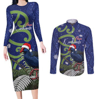 Personalized New Zealand Pukeko Christmas Couples Matching Long Sleeve Bodycon Dress and Long Sleeve Button Shirt Meri Kirihimete Taniko Ponga Koru Blue LT14 Blue - Polynesian Pride