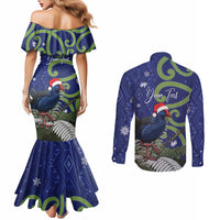Personalized New Zealand Pukeko Christmas Couples Matching Mermaid Dress and Long Sleeve Button Shirt Meri Kirihimete Taniko Ponga Koru Blue LT14 - Polynesian Pride
