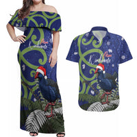 Personalized New Zealand Pukeko Christmas Couples Matching Off Shoulder Maxi Dress and Hawaiian Shirt Meri Kirihimete Taniko Ponga Koru Blue LT14 Blue - Polynesian Pride