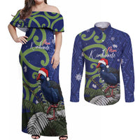 Personalized New Zealand Pukeko Christmas Couples Matching Off Shoulder Maxi Dress and Long Sleeve Button Shirt Meri Kirihimete Taniko Ponga Koru Blue LT14 Blue - Polynesian Pride