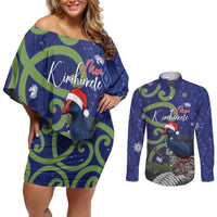 Personalized New Zealand Pukeko Christmas Couples Matching Off Shoulder Short Dress and Long Sleeve Button Shirt Meri Kirihimete Taniko Ponga Koru Blue LT14 Blue - Polynesian Pride