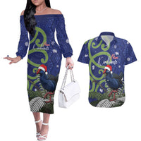 Personalized New Zealand Pukeko Christmas Couples Matching Off The Shoulder Long Sleeve Dress and Hawaiian Shirt Meri Kirihimete Taniko Ponga Koru Blue LT14 Blue - Polynesian Pride