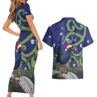 Personalized New Zealand Pukeko Christmas Couples Matching Short Sleeve Bodycon Dress and Hawaiian Shirt Meri Kirihimete Taniko Ponga Koru Blue LT14 - Polynesian Pride