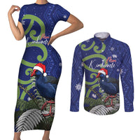 Personalized New Zealand Pukeko Christmas Couples Matching Short Sleeve Bodycon Dress and Long Sleeve Button Shirt Meri Kirihimete Taniko Ponga Koru Blue LT14 Blue - Polynesian Pride