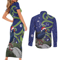 Personalized New Zealand Pukeko Christmas Couples Matching Short Sleeve Bodycon Dress and Long Sleeve Button Shirt Meri Kirihimete Taniko Ponga Koru Blue LT14 - Polynesian Pride