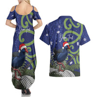 Personalized New Zealand Pukeko Christmas Couples Matching Summer Maxi Dress and Hawaiian Shirt Meri Kirihimete Taniko Ponga Koru Blue LT14 - Polynesian Pride