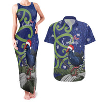 Personalized New Zealand Pukeko Christmas Couples Matching Tank Maxi Dress and Hawaiian Shirt Meri Kirihimete Taniko Ponga Koru Blue LT14 Blue - Polynesian Pride