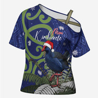 Personalized New Zealand Pukeko Christmas Cross Shoulder Shirt Meri Kirihimete Taniko Ponga Koru Blue LT14 Female Blue - Polynesian Pride