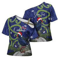 Personalized New Zealand Pukeko Christmas Cross Shoulder Shirt Meri Kirihimete Taniko Ponga Koru Blue LT14 - Polynesian Pride
