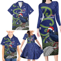 Personalized New Zealand Pukeko Christmas Family Matching Long Sleeve Bodycon Dress and Hawaiian Shirt Meri Kirihimete Taniko Ponga Koru Blue LT14 - Polynesian Pride