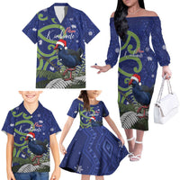 Personalized New Zealand Pukeko Christmas Family Matching Off The Shoulder Long Sleeve Dress and Hawaiian Shirt Meri Kirihimete Taniko Ponga Koru Blue LT14 - Polynesian Pride