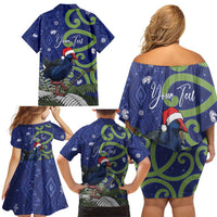 Personalized New Zealand Pukeko Christmas Family Matching Off Shoulder Short Dress and Hawaiian Shirt Meri Kirihimete Taniko Ponga Koru Blue LT14 - Polynesian Pride