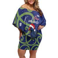 Personalized New Zealand Pukeko Christmas Family Matching Off Shoulder Short Dress and Hawaiian Shirt Meri Kirihimete Taniko Ponga Koru Blue LT14 Mom's Dress Blue - Polynesian Pride