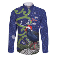 Personalized New Zealand Pukeko Christmas Family Matching Tank Maxi Dress and Hawaiian Shirt Meri Kirihimete Taniko Ponga Koru Blue LT14 Dad's Shirt - Long Sleeve Blue - Polynesian Pride