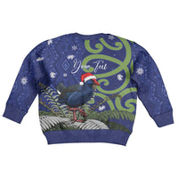 Personalized New Zealand Pukeko Christmas Kid Ugly Christmas Sweater Meri Kirihimete Taniko Ponga Koru Blue LT14 - Polynesian Pride