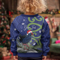 Personalized New Zealand Pukeko Christmas Kid Ugly Christmas Sweater Meri Kirihimete Taniko Ponga Koru Blue LT14 - Polynesian Pride