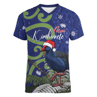 Personalized New Zealand Pukeko Christmas Women V-Neck T-Shirt Meri Kirihimete Taniko Ponga Koru Blue LT14 Female Blue - Polynesian Pride
