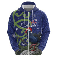 Personalized New Zealand Pukeko Christmas Zip Hoodie Meri Kirihimete Taniko Ponga Koru Blue LT14 - Polynesian Pride