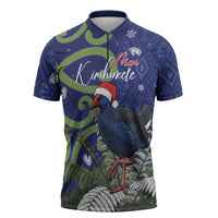 Personalized New Zealand Pukeko Christmas Zipper Polo Shirt Meri Kirihimete Taniko Ponga Koru Blue LT14 Blue - Polynesian Pride
