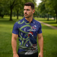 Personalized New Zealand Pukeko Christmas Zipper Polo Shirt Meri Kirihimete Taniko Ponga Koru Blue LT14 - Polynesian Pride