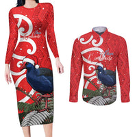 Personalized New Zealand Pukeko Christmas Couples Matching Long Sleeve Bodycon Dress and Long Sleeve Button Shirt Meri Kirihimete Taniko Ponga Koru Red LT14 Red - Polynesian Pride