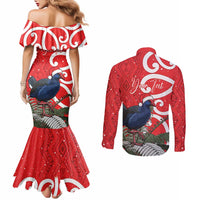 Personalized New Zealand Pukeko Christmas Couples Matching Mermaid Dress and Long Sleeve Button Shirt Meri Kirihimete Taniko Ponga Koru Red LT14 - Polynesian Pride