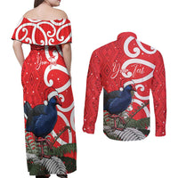 Personalized New Zealand Pukeko Christmas Couples Matching Off Shoulder Maxi Dress and Long Sleeve Button Shirt Meri Kirihimete Taniko Ponga Koru Red LT14 - Polynesian Pride
