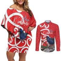 Personalized New Zealand Pukeko Christmas Couples Matching Off Shoulder Short Dress and Long Sleeve Button Shirt Meri Kirihimete Taniko Ponga Koru Red LT14 Red - Polynesian Pride