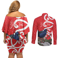 Personalized New Zealand Pukeko Christmas Couples Matching Off Shoulder Short Dress and Long Sleeve Button Shirt Meri Kirihimete Taniko Ponga Koru Red LT14 - Polynesian Pride
