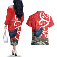 Personalized New Zealand Pukeko Christmas Couples Matching Off The Shoulder Long Sleeve Dress and Hawaiian Shirt Meri Kirihimete Taniko Ponga Koru Red LT14 - Polynesian Pride