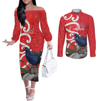 Personalized New Zealand Pukeko Christmas Couples Matching Off The Shoulder Long Sleeve Dress and Long Sleeve Button Shirt Meri Kirihimete Taniko Ponga Koru Red LT14 Red - Polynesian Pride