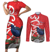 Personalized New Zealand Pukeko Christmas Couples Matching Short Sleeve Bodycon Dress and Long Sleeve Button Shirt Meri Kirihimete Taniko Ponga Koru Red LT14 Red - Polynesian Pride