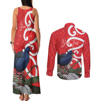 Personalized New Zealand Pukeko Christmas Couples Matching Tank Maxi Dress and Long Sleeve Button Shirt Meri Kirihimete Taniko Ponga Koru Red LT14 - Polynesian Pride