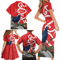 Personalized New Zealand Pukeko Christmas Family Matching Short Sleeve Bodycon Dress and Hawaiian Shirt Meri Kirihimete Taniko Ponga Koru Red LT14 - Polynesian Pride