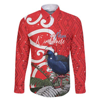 Personalized New Zealand Pukeko Christmas Family Matching Short Sleeve Bodycon Dress and Hawaiian Shirt Meri Kirihimete Taniko Ponga Koru Red LT14 Dad's Shirt - Long Sleeve Red - Polynesian Pride