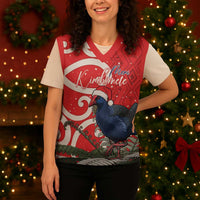 Personalized New Zealand Pukeko Christmas Knitted V-Neck Vest Meri Kirihimete Taniko Ponga Koru Red LT14 - Polynesian Pride