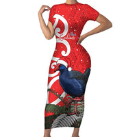 Personalized New Zealand Pukeko Christmas Short Sleeve Bodycon Dress Meri Kirihimete Taniko Ponga Koru Red LT14 Long Dress Red - Polynesian Pride