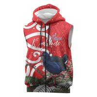Personalized New Zealand Pukeko Christmas Sleeveless Zip Hoodie Meri Kirihimete Taniko Ponga Koru Red LT14 Red - Polynesian Pride