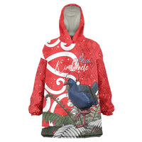 Personalized New Zealand Pukeko Christmas Wearable Blanket Hoodie Meri Kirihimete Taniko Ponga Koru Red LT14 One Size Red - Polynesian Pride