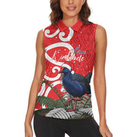 Personalized New Zealand Pukeko Christmas Women Sleeveless Polo Shirt Meri Kirihimete Taniko Ponga Koru Red LT14 - Polynesian Pride