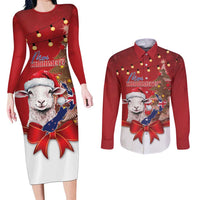 Personalized New Zealand Sheep Christmas Couples Matching Long Sleeve Bodycon Dress and Long Sleeve Button Shirt Hipi Meri Kirihimete Silver Fern Xmas Tree LT14 Red - Polynesian Pride