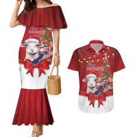 Personalized New Zealand Sheep Christmas Couples Matching Mermaid Dress and Hawaiian Shirt Hipi Meri Kirihimete Silver Fern Xmas Tree LT14 Red - Polynesian Pride