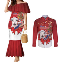 Personalized New Zealand Sheep Christmas Couples Matching Mermaid Dress and Long Sleeve Button Shirt Hipi Meri Kirihimete Silver Fern Xmas Tree LT14 Red - Polynesian Pride