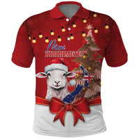 Personalized New Zealand Sheep Christmas Polo Shirt Hipi Meri Kirihimete Silver Fern Xmas Tree LT14 Red - Polynesian Pride