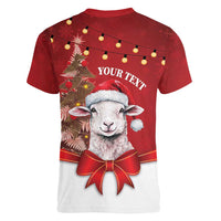 Personalized New Zealand Sheep Christmas Women V-Neck T-Shirt Hipi Meri Kirihimete Silver Fern Xmas Tree LT14 - Polynesian Pride